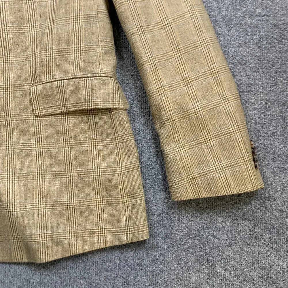 John W Nordstrom Blazer Men 44L Long Straw Beige Blue‎ Plaid Wool Silk Blend